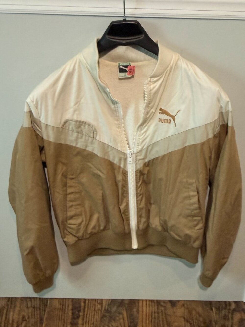 Vintage Puma Bomber Jacket Womens Medium Sport Colorblock 90s Tan and Cream RARE